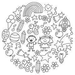 Kindergarten, Monochrome hand drawn children garden elements pattern, doodle illustration, vector, illustration, black, white, background.
