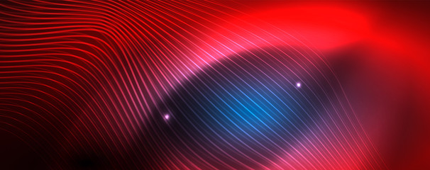 Smooth wave lines on blue neon color light background. Glowing abstract wave on dark, shiny motion, magic space light