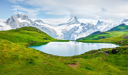 Naklejka na ściany i meble Splendid summer view of the Bachalpsee lake with Schreckhorn peak on background. Colorful morning scene of Swiss Bernese Alps, Switzerland, Europe. Beauty of nature concept background.