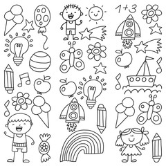Kindergarten, Monochrome hand drawn children garden elements pattern, doodle illustration, vector, illustration, black, white, background.