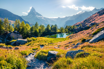 Sunny summer scene of Grindjisee lake. Beautiful morning view of Matterhorn (Monte Cervino, Mont Cervin) peak, Swiss Alps, Zermatt location, Switzerland. Beauty of nature concept background. - obrazy, fototapety, plakaty