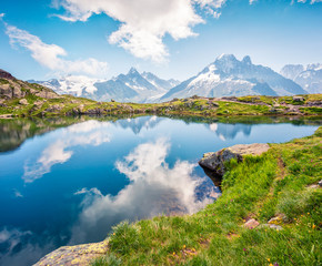 Bright summer view of the Lac Blanc lake with Mont Blanc (Monte Bianco) on background, Chamonix...