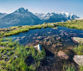 Marvelous summer view of the Lac Blanc lake with Mont Blanc (Monte Bianco) on background, Chamonix...
