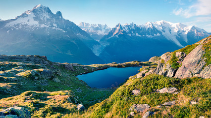 Breathtaking summer view of the Lac Blanc lake with Mont Blanc (Monte Bianco) on background,...