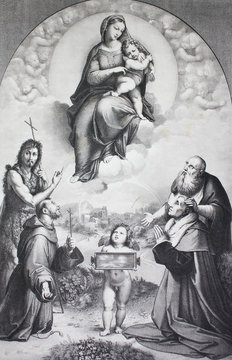 The Madonna of Foligno by Raphael Sanzio in a vintage book Rafael's Madonnen, by A. Gutbier, 1881, Dresden.