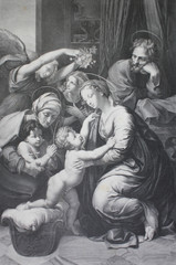 The Big Holy Family by Raphael Sanzio in a vintage book Rafael's Madonnen, by A. Gutbier, 1881, Dresden.