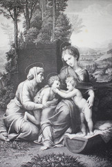 The Small Holy Family by Raphael Sanzio in a vintage book Rafael's Madonnen, by A. Gutbier, 1881, Dresden.