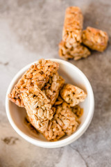 Sesame,  sunflower in honey. Selective focus. Copy space for text. Healthy sweet dessert snack concept. Gozinaki is Georgian national food, oriental sweet. Close-up.Top view.