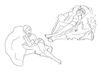 Set of healthy food and diet illustrations. Young slim women lying on lettuce leaf and broccoli. Creative drawing. Design element for healthy lifestyle. Isolated black contour.