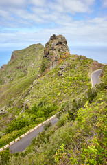 Anaga Rural Park scenic mountain landscape with Atlantic Ocean in distance, Tenerife, Spain.