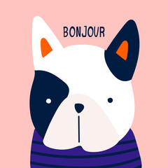 Bonjour. French bulldog. Little puppy with blue striped shirt. Cute funny character. Hand drawn vector greeting card. Colored trendy illustration. Flat design © Dariia