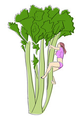 Young woman climbs up the celery. Healthy food, vegetarian and diet symbol. Colorful fun drawing. Flat vector illustration. Vector design element. Isolated black contour and colors.