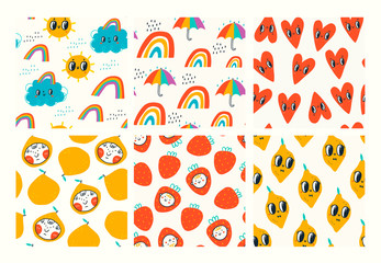 Big set of six hand drawn vector seamless pattern. Colored trendy illustrations for kids. Cartoon style. Flat design. Children's drawings style. Hearts, rainbows, fruits. Every pattern is isolated
