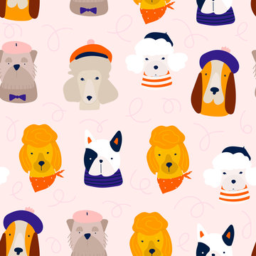 Various dog breeds. French dogs. Different cute funny characters. Hand drawn vector seamless pattern. Colored trendy illustration. Flat design. Pink background