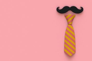 Happy Father’s Day concept with mustache and neck tie on pink background, Top view with copy space, 3d rendering