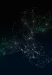 Plexus lines, dots and light beams with light points. Abstract technology, science and engineering background. Depth of field settings. 3D rendering.