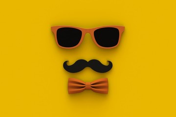 Happy Father’s Day concept with mustache and glasses on yellow background, Top view with copy space, 3d rendering