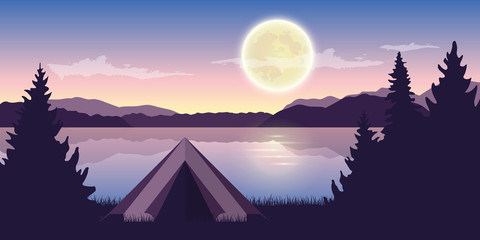 camping by the lake at night with full moon purple nature landscape vector illustration EPS10