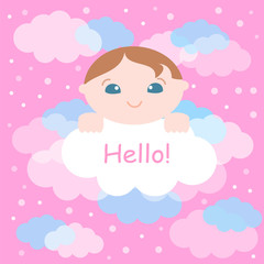 Cute little baby and clouds background. Vector illustration