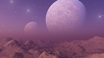 3d rendered Space Art: Alien Planet - A Fantasy Landscape with purple skies and stars
