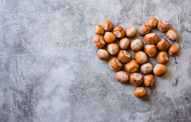 Obraz premium Heart of hazelnut in the shell. On a light gray background. Love healthy natural food concept