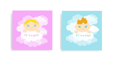 Baby Shower greeting card with babies boy and girl .Cute little baby and clouds background. Vector illustration