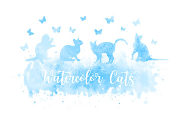 Cute watercolor cat silhouettes playing with butterflies. blue vector watercolor splash eps 10
