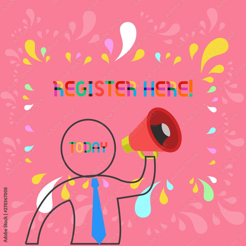 Poster conceptual hand writing showing register here. concept meaning put your name on an official list in 