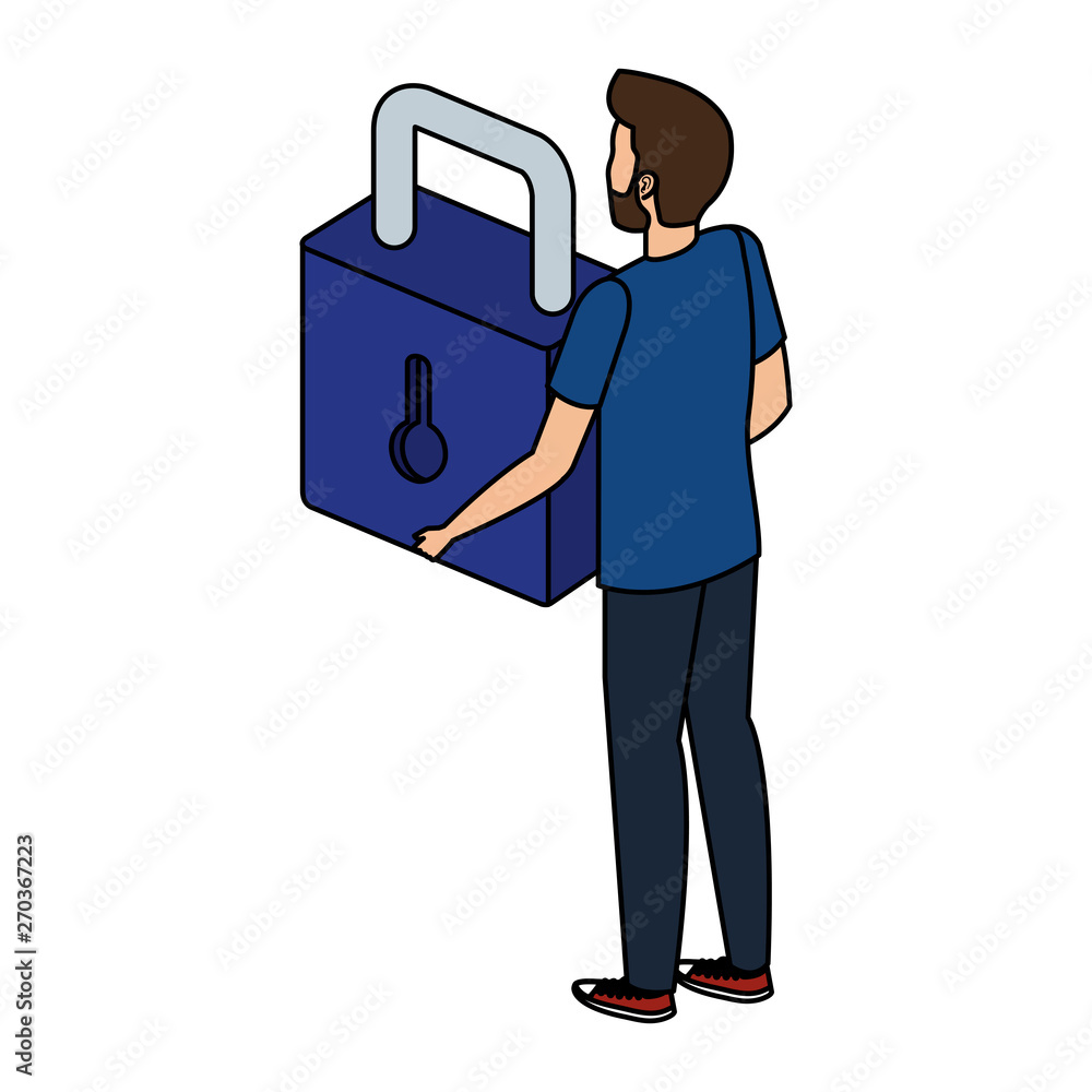 Poster man lifting safe secure padlock