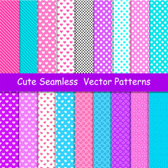 Seamless vector patterns in lol doll surprise style. Endless backgrounds with stripes and polka dots