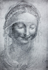 Fototapeta na wymiar Etudes of young woman by Leonardo Da Vinci in a vintage book Leonard de Vinci, author A. Rosenberg, 1898, Leipzig