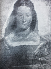 Detail of painting, young woman in a vintage book Leonard de Vinci, author A. Rosenberg, 1898, Leipzig