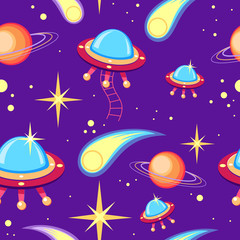 Space seamless pattern on purple background. Space, stars, planets, meteor, flying saucer. Aliens. UFO day. 