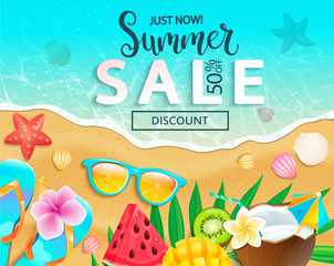 Summer sale 2019 top view banner.50 percent discount with hot sand and sea, cocktail, watermelon, mango and kiwi, tropical fruits on beach. Bright promo template for your design, web.Vector