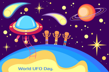 World Day UFO. Space. Aliens. Cosmos. Spaceship. Flying saucer. Illustration on a purple background. Suitable for poster, banner, campaign, and greeting card.