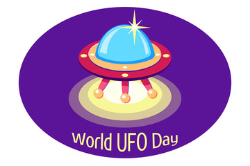 Alien ship. UFO day. Flying saucer. Spaceship. Spacecraft illustration on a purple background.