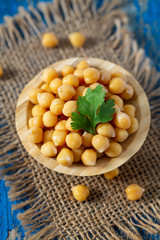 chickpea on blue wooden surface