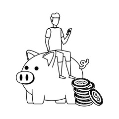 young man seated in piggy savings with coins money