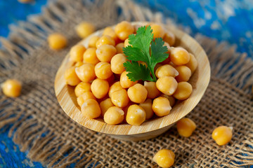 chickpea on blue wooden surface