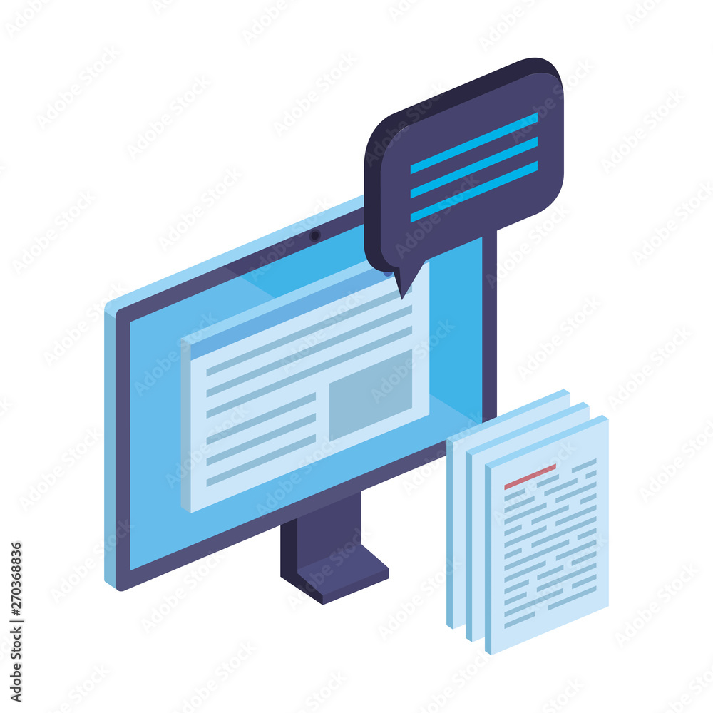 Poster computer with paper document files and speech bubble
