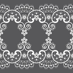Seamless pattern - vintage lace design style, retro wedding art in white on gray background