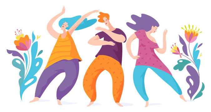 Vector image of dancing people with flower and summer decoration