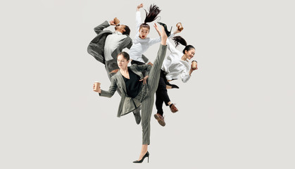 Let's start with aroma coffee. Happy office workers jumping and dancing in casual clothes or suit...