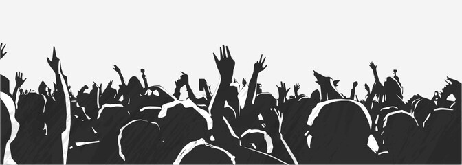 Illustration of large crowd of young people at live music event party festival - obrazy, fototapety, plakaty