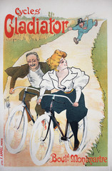 The poster with woman and man, who ride bycicles  in the vintage book Les Maitres de L'Affiche, by Roger Marx, 1897.