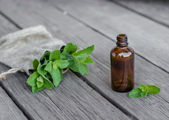 Natural Mint Essential Oil in a Glass Bottle with Fresh Mint Leaves