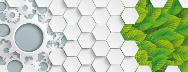 Eco Industry Hexagon Gears Green Leaves Header - obrazy, fototapety, plakaty