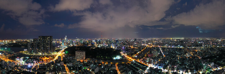 Fototapeta na wymiar Landscape at Ho Chi Minh city at night - at Viet nam by drone 