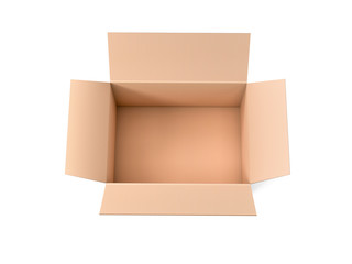 Open brown corrugated carton box. Big shipping packaging. Empty container. 3d rendering illustration isolated
