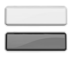 White and black glass buttons. Square push buttons with metal frame. 3d rendering illustration isolated
